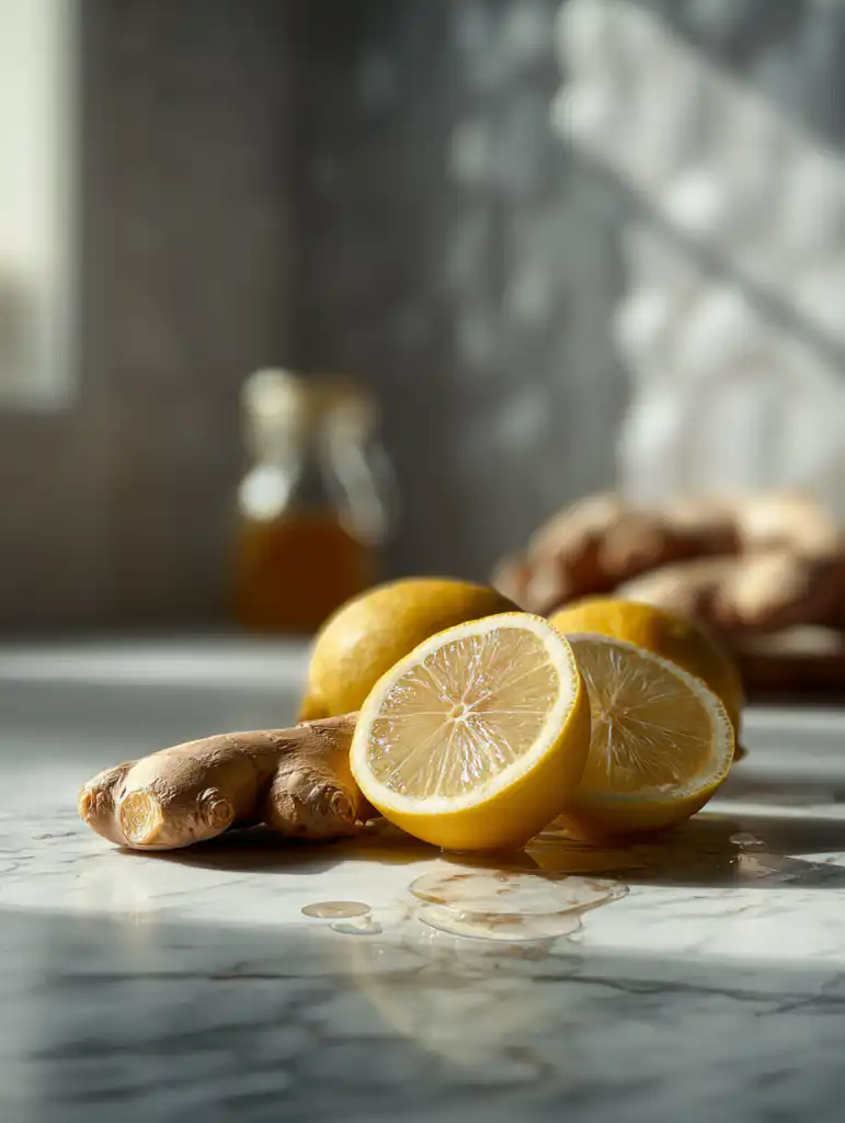 Lemon ginger juice detox ingredients including fresh lemon and ginger on marble surface