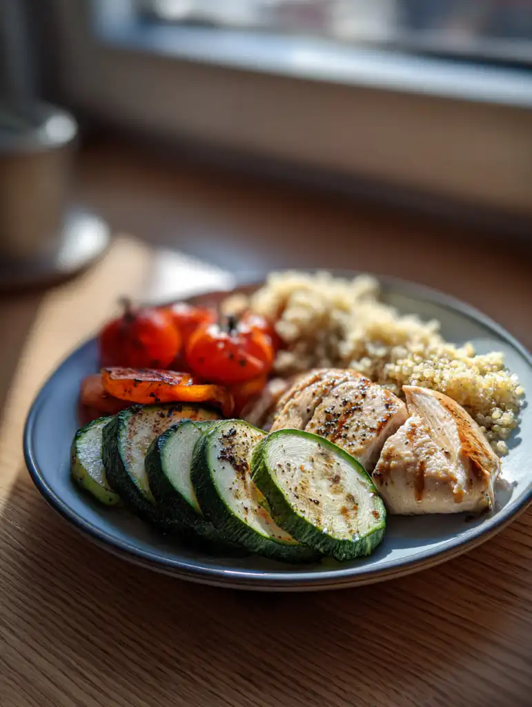 mounjaro diet plan balanced meal with chicken vegetables and quinoa on wooden table