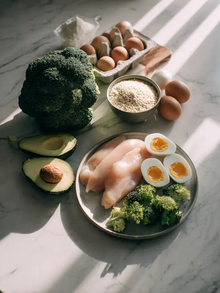 mounjaro diet plan ingredients including chicken vegetables eggs and healthy foods on marble surface