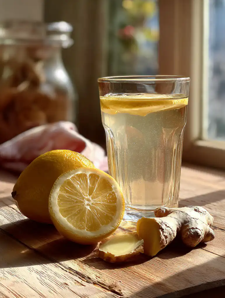 natural zepbound recipe drink with lemon ginger and apple cider vinegar in a glass on wooden table