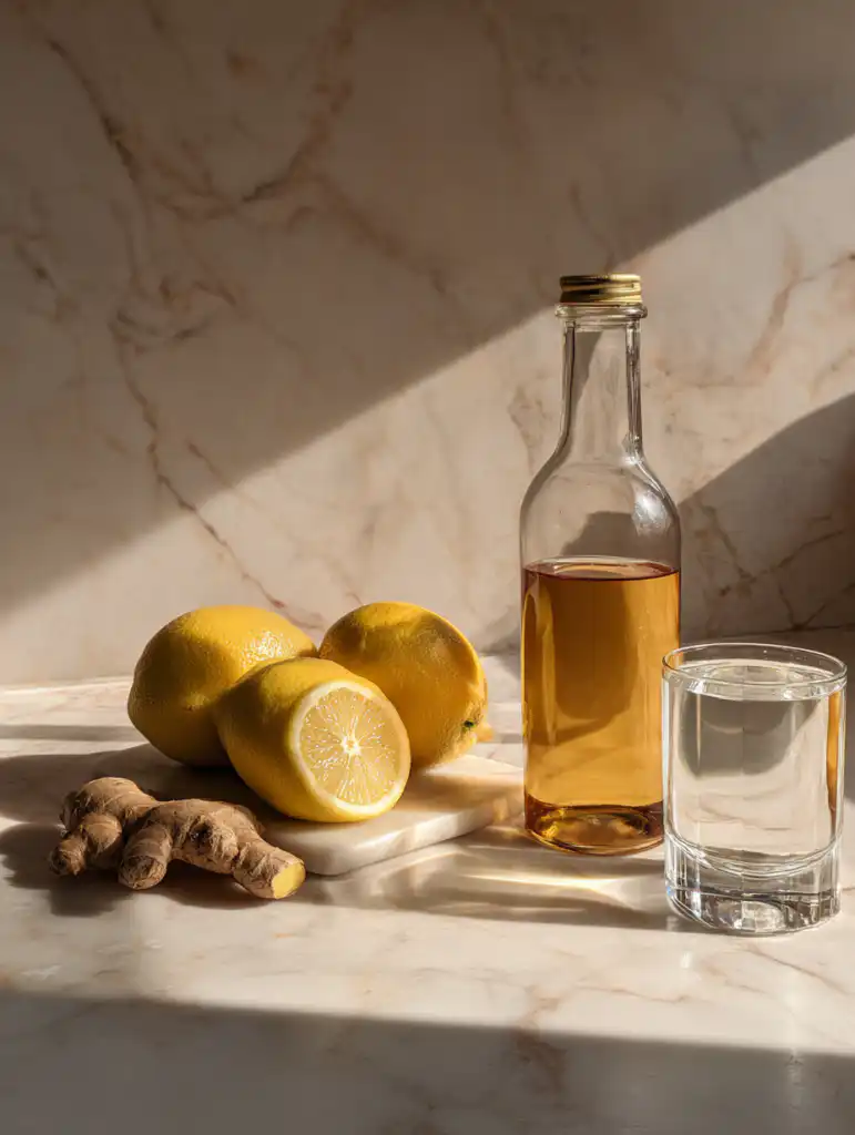 natural zepbound recipe ingredients including lemon ginger apple cider vinegar honey and water on marble surface