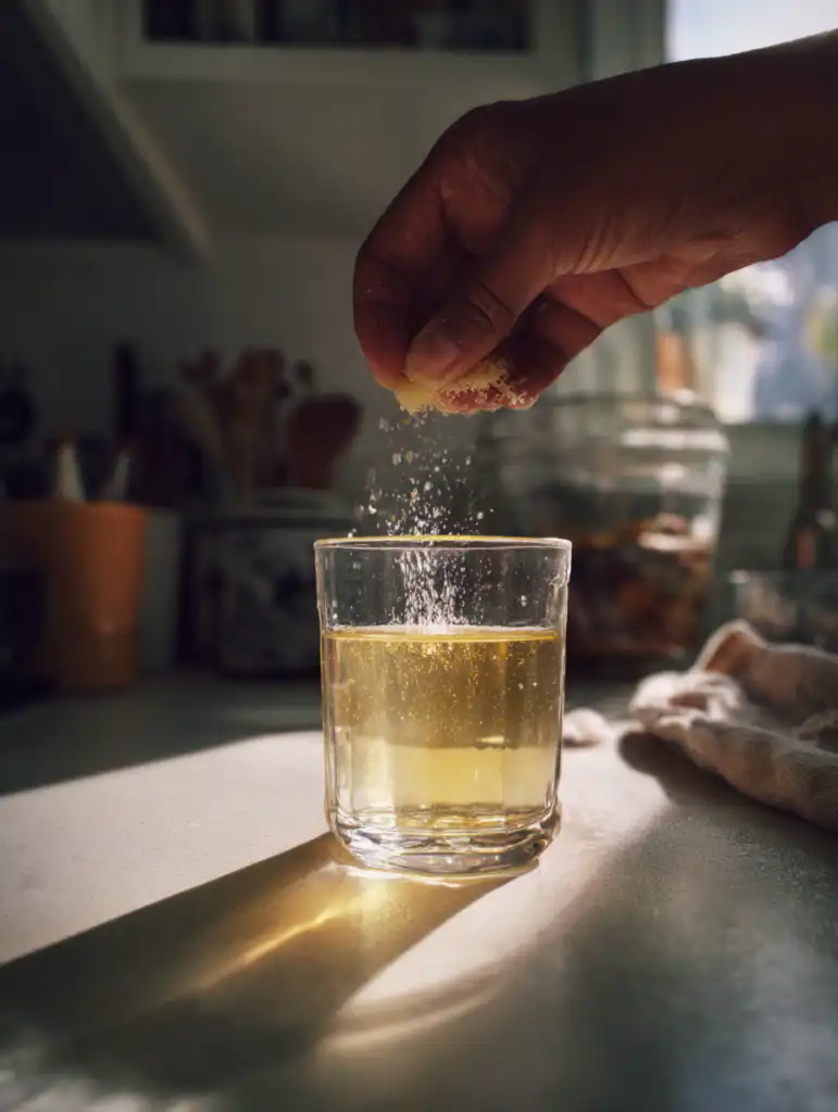 natural zepbound recipe step mixing lemon ginger and apple cider vinegar into warm water