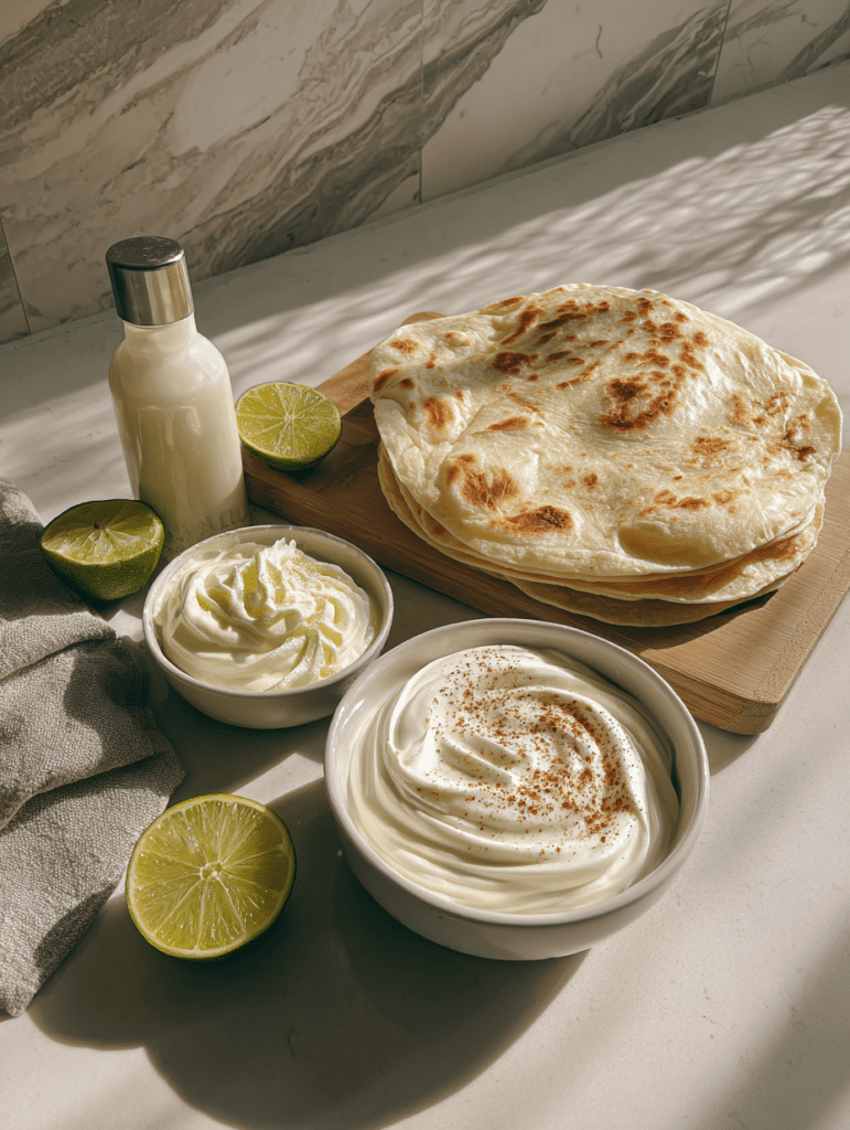Taco Bell Baja ingredients including mayo sour cream lime spices and flatbread on marble surface