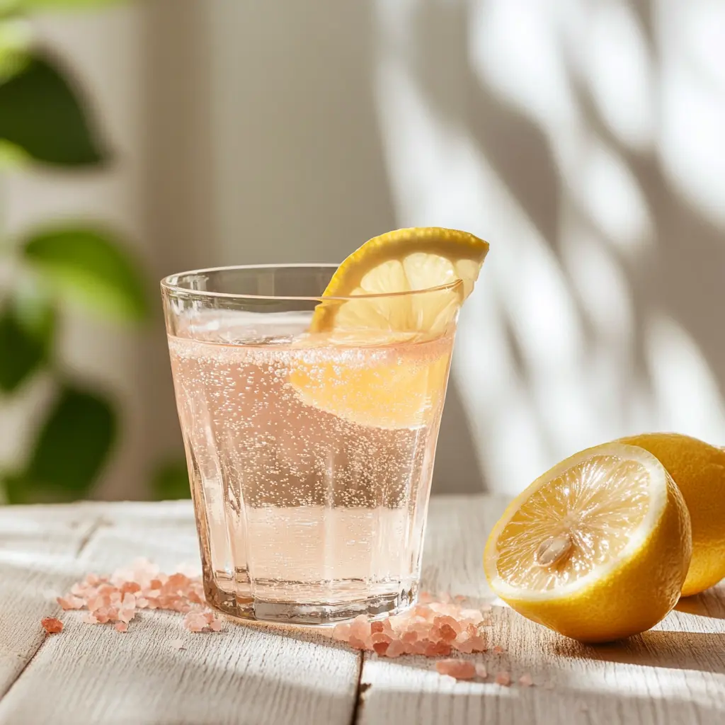 A glass of water with Himalayan pink salt and a lemon wedge on a wooden table, showcasing a healthy morning ritual.