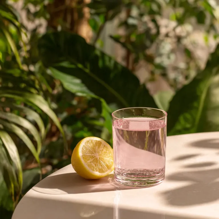 Finished pink salt weight loss drink served with lemon