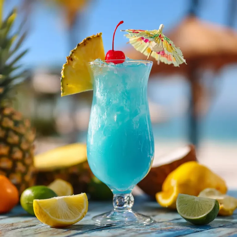 Blue Hawaiian Mocktail in a glass with tropical garnishes, pineapple slice, cherry, and paper umbrella
