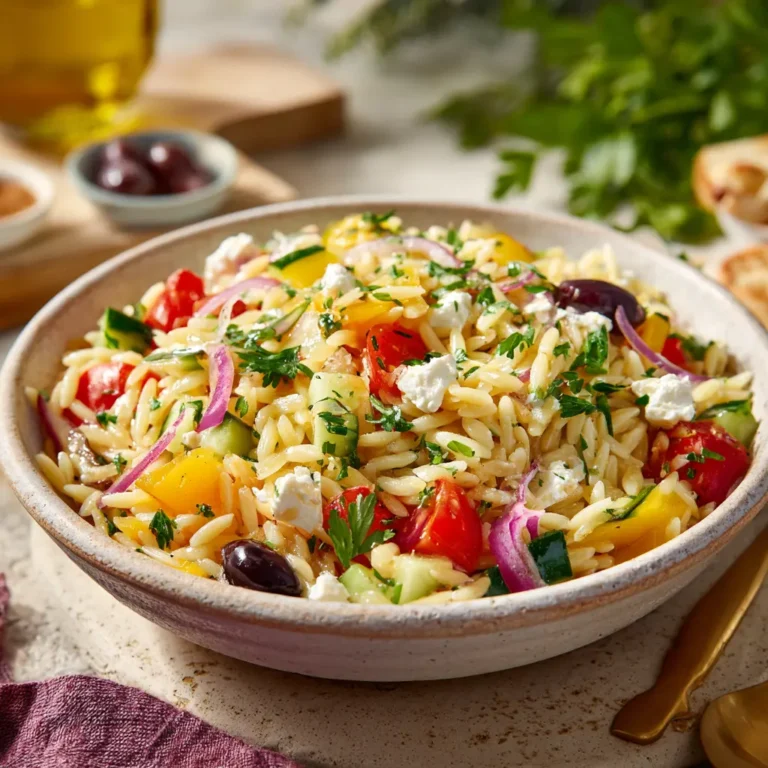 Greek Orzo Salad with Feta, garnished with fresh parsley and ready to serve.