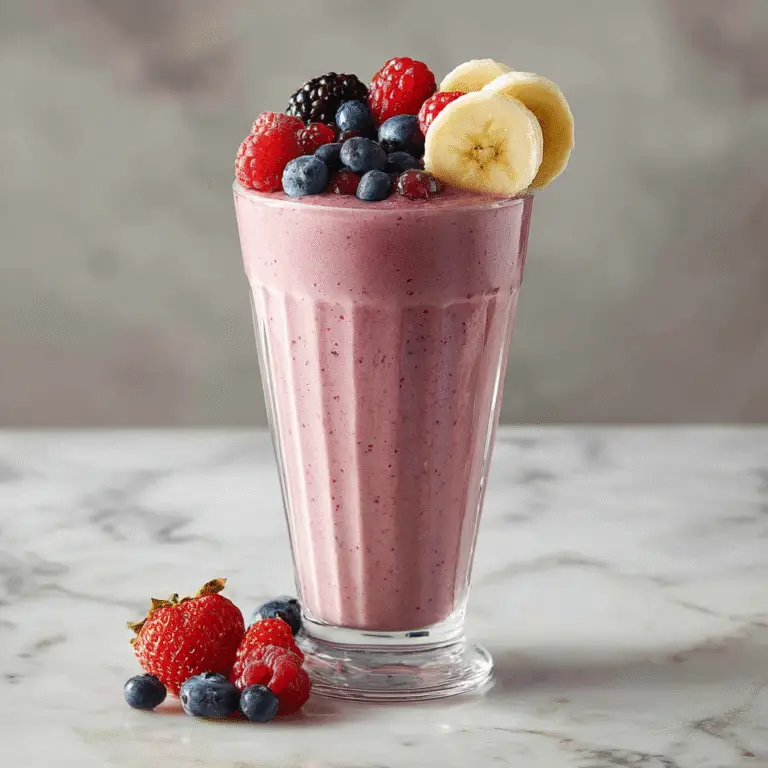 A delicious and vibrant banana berry protein smoothie, garnished with berries.