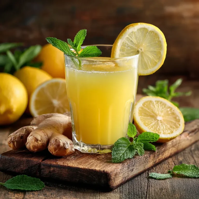 A refreshing glass of lemon ginger juice served with lemon slices and mint leaves.