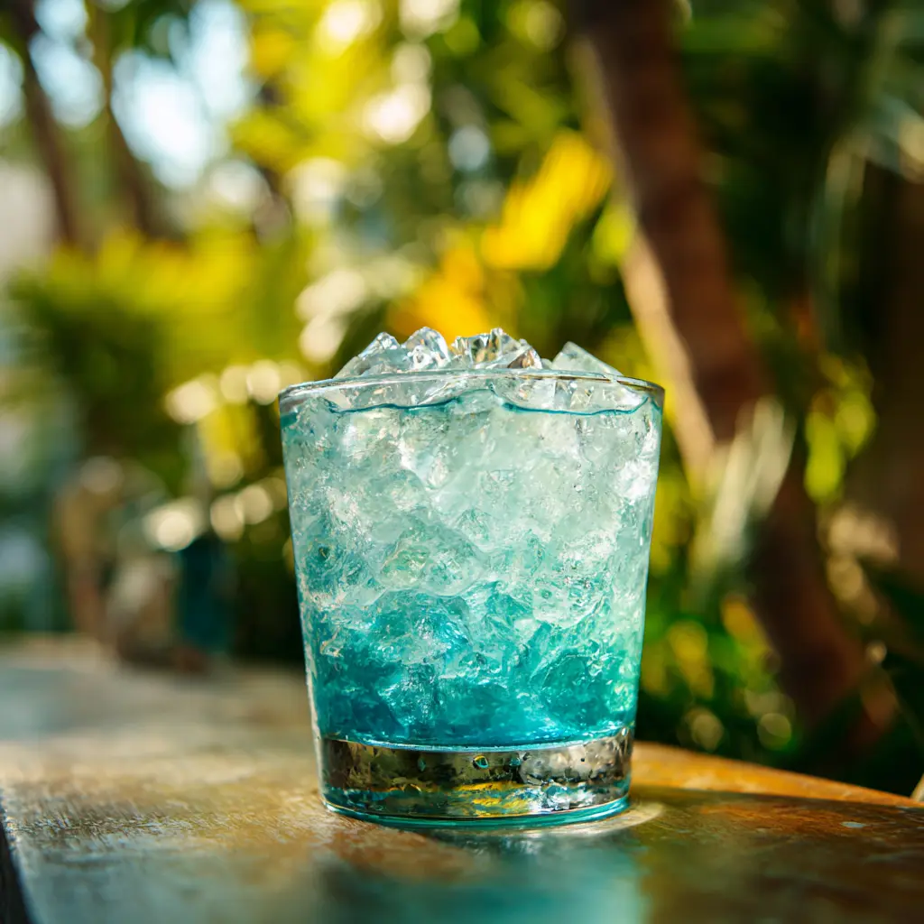 Glass filled with ice cubes ready for Blue Hawaiian Mocktail preparation