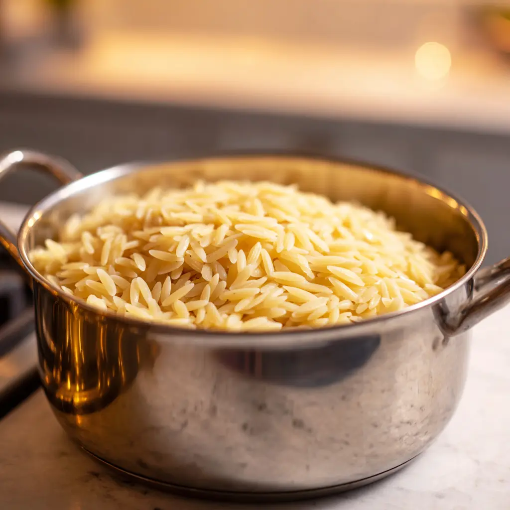 Cooked orzo pasta in a pot, ready to be used for Greek Orzo Salad.
