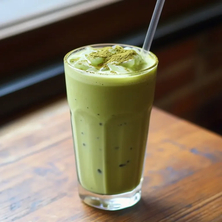 Served iced matcha latte with a garnish of matcha powder on top.