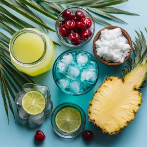 Ingredients for Blue Hawaiian Mocktail: pineapple juice, coconut cream, blue curacao syrup, lime, and ice.