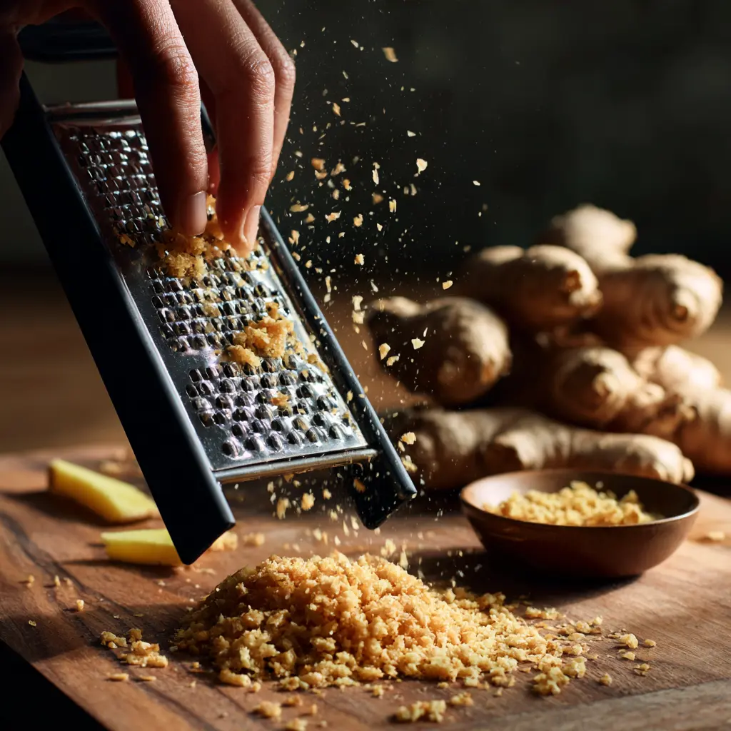 Grating fresh ginger root for lemon ginger juice detox.