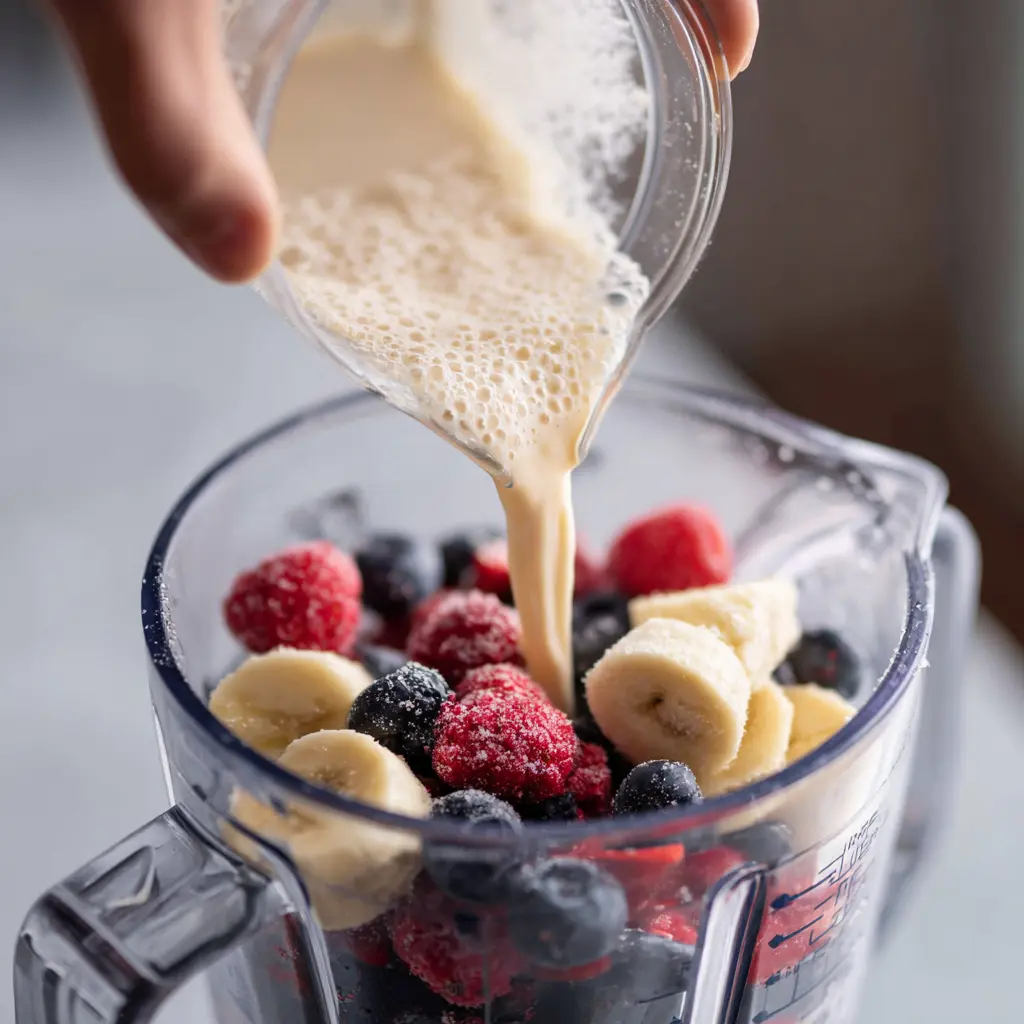 Adding mixed berries to the blender for banana berry protein smoothie.
