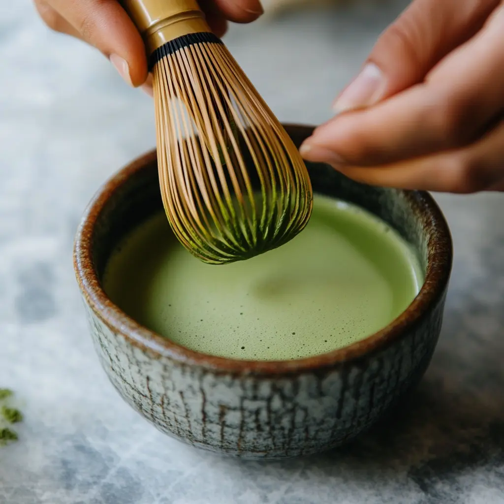 Whisking matcha powder with hot water using a bamboo whisk