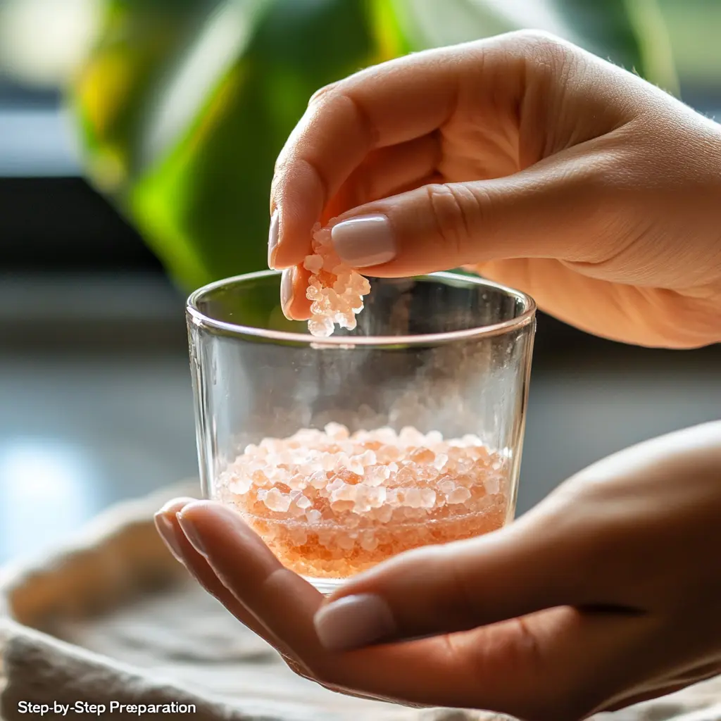 A person dissolving Himalayan pink salt into warm water for the Pink Salt Trick.