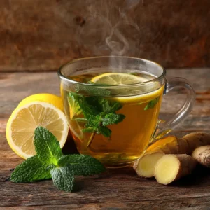 Steaming cup of Japanese Mounjaro Tea with green tea, ginger, lemon, and mint leaves.