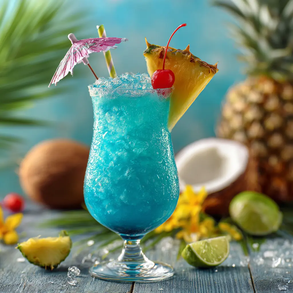 Finished Blue Hawaiian Mocktail garnished with pineapple, cherry, and umbrella on a tropical table
