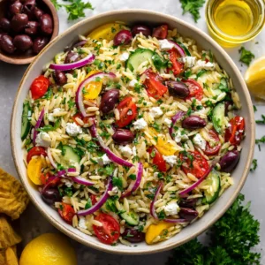 Greek Orzo Salad with Feta, vibrant tomatoes, cucumbers, Kalamata olives, and crumbled feta