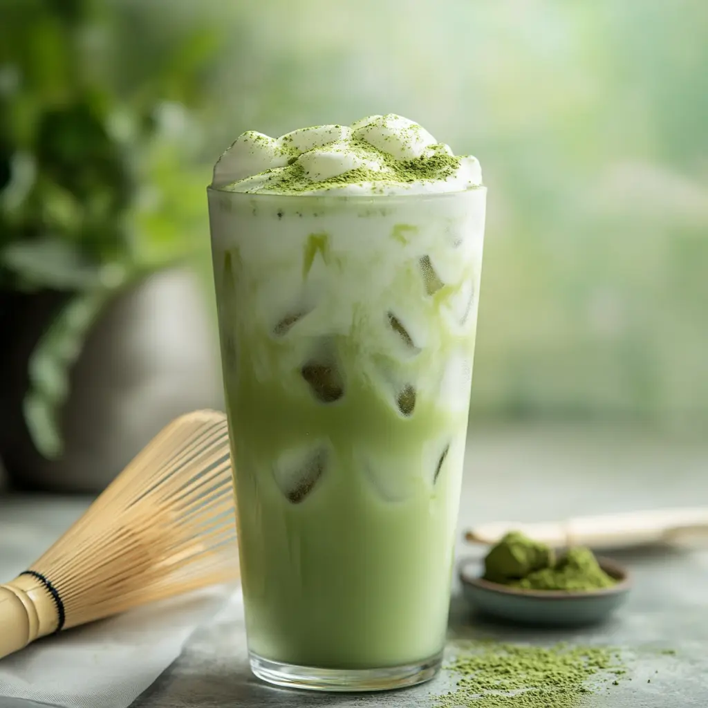 Iced Matcha Latte with frothy milk and ice in a tall glass, topped with matcha powder.