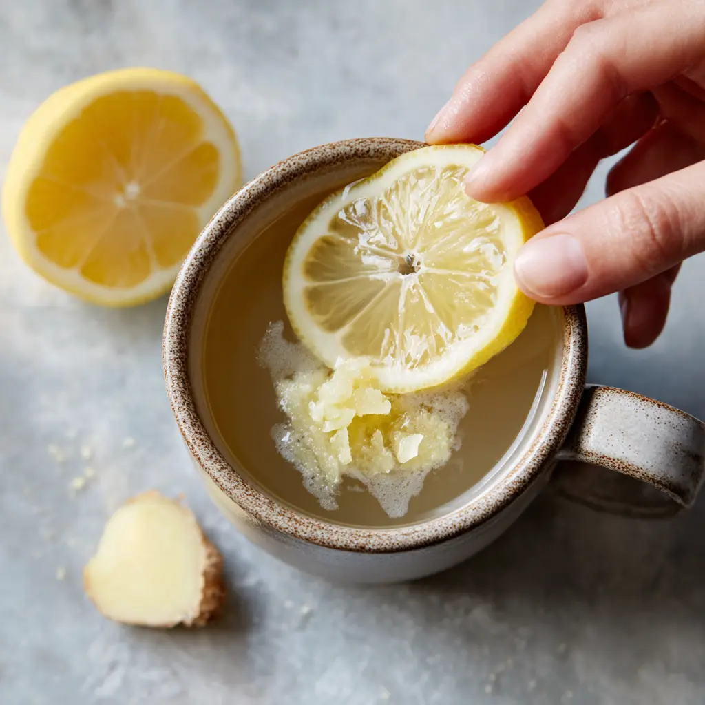 Peeling fresh ginger root for lemon ginger juice.