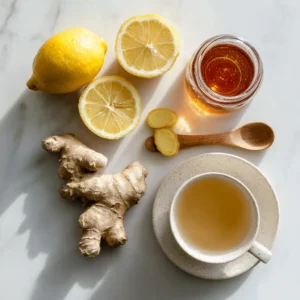 Ingredients for making lemon ginger juice – Fresh ginger, lemon, honey, and warm water.