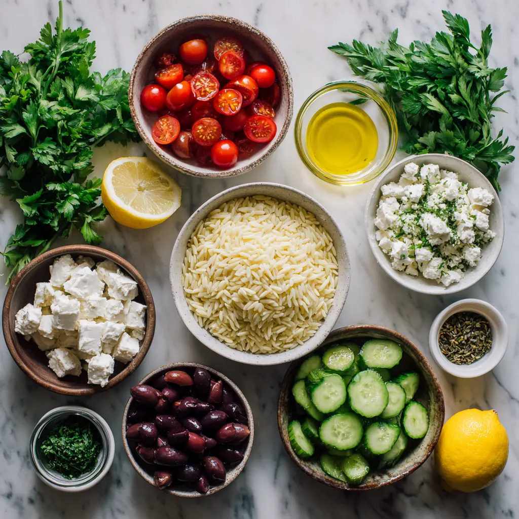 Ingredients for Greek Orzo Salad: orzo pasta, feta cheese, tomatoes, cucumbers, Kalamata olives, and olive oil