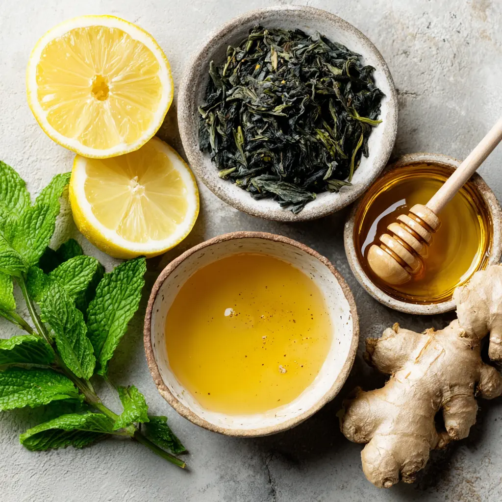 Ingredients for Japanese Mounjaro Tea: green tea, ginger, lemon, honey, and fresh mint.