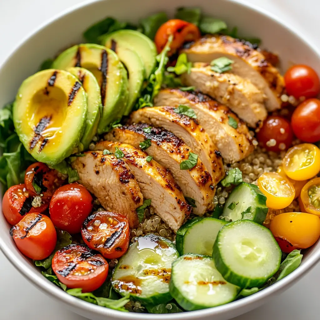Grilled chicken salad with quinoa, avocado, and fresh mixed greens in a white ceramic bowl