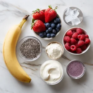 Ingredients for Banana Berry Protein Smoothie – Banana, berries, protein powder, almond milk, and more.