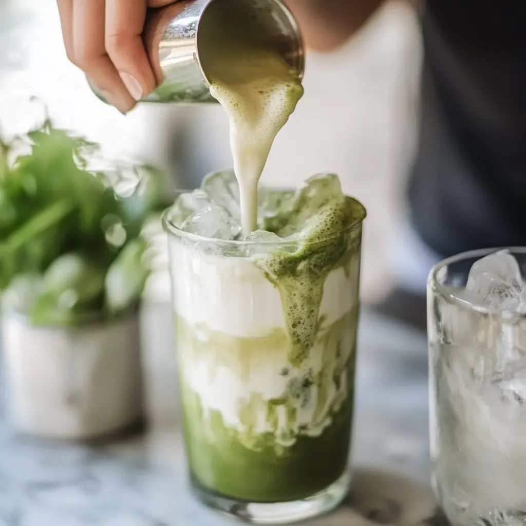Pouring matcha mixture over milk and ice to combine for an iced matcha latte.