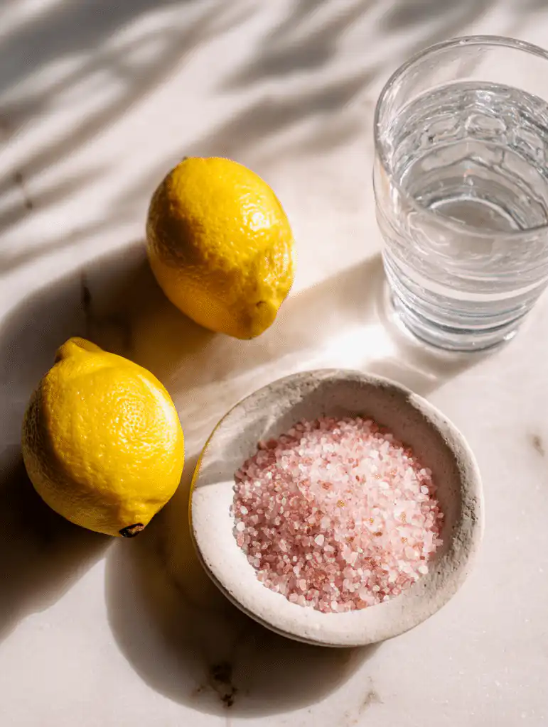 pink salt weight loss drink ingredients including Himalayan pink salt lemon and water on a marble surface