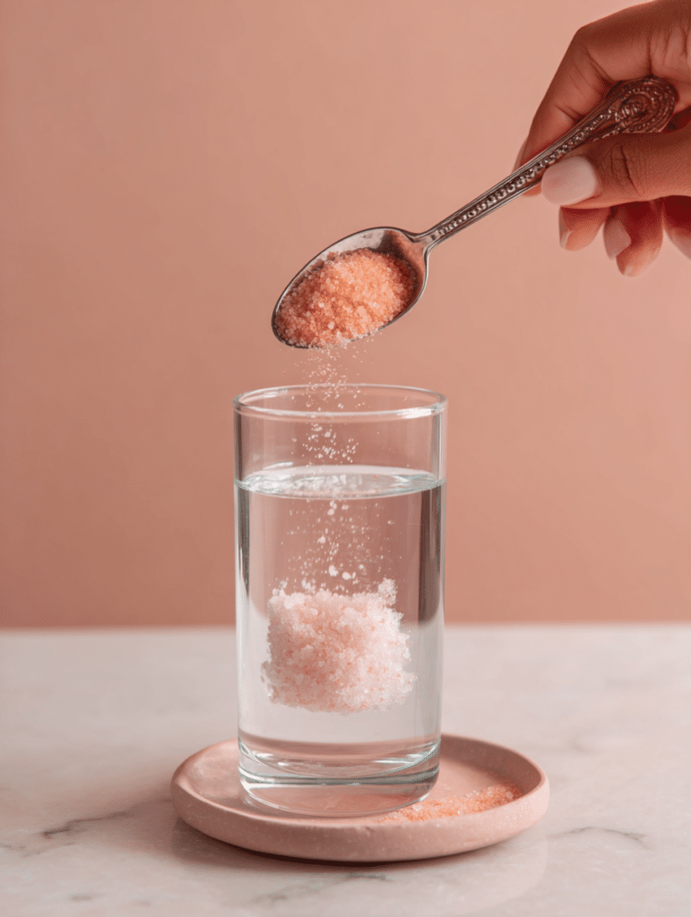 pink salt weight loss drink preparation adding Himalayan pink salt into warm water in a glass