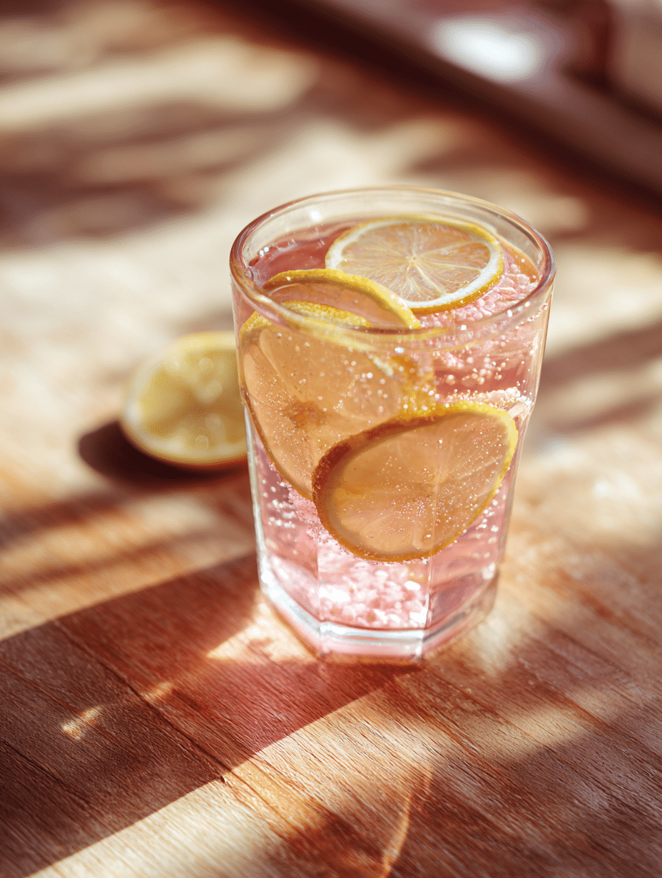 pink salt weight loss drink in a clear glass with lemon slices on a wooden kitchen counter in natural morning light