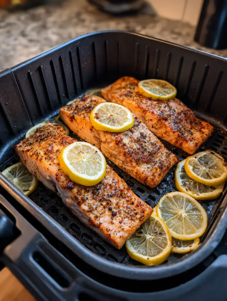 air fryer salmon recipe seasoned salmon placed in air fryer basket before cooking