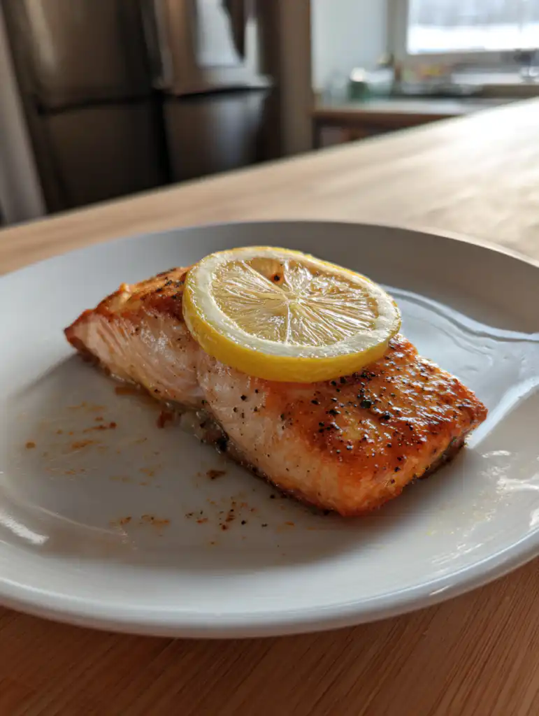air fryer salmon recipe crispy salmon fillet with lemon on plate in natural light