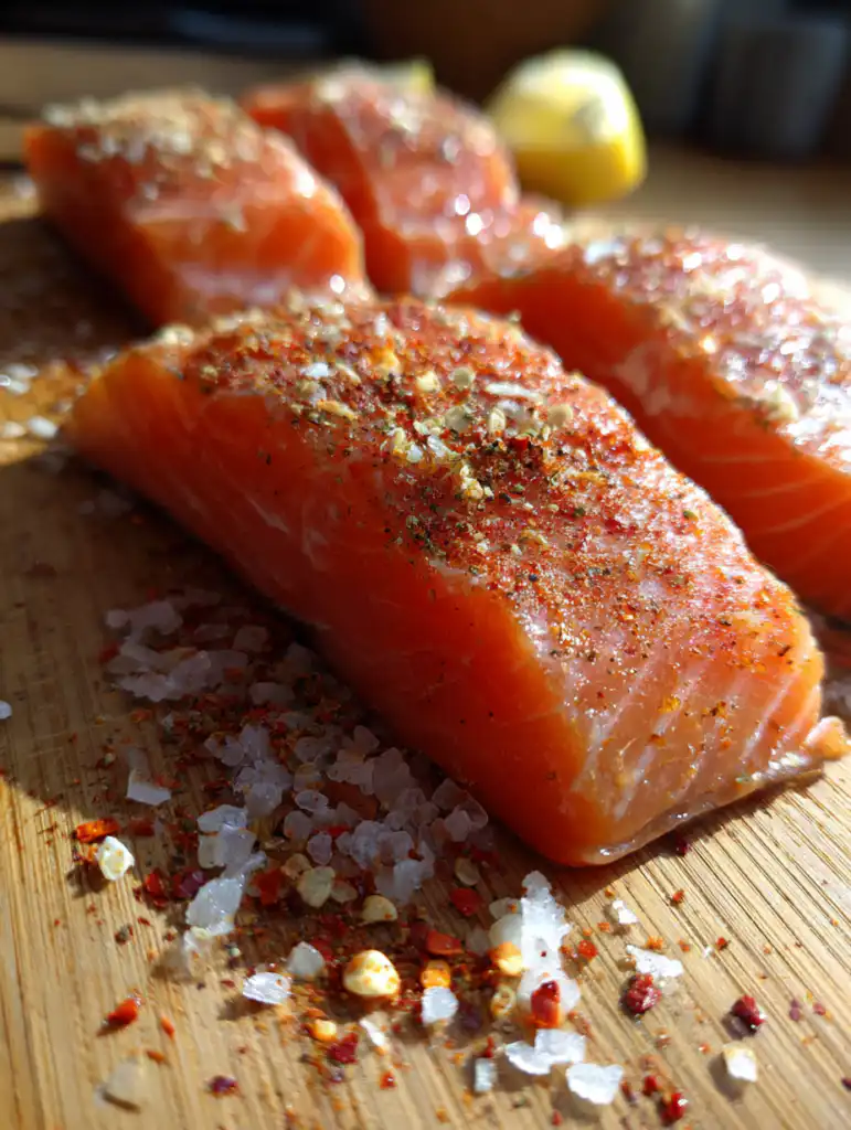 air fryer salmon recipe ingredients including raw salmon lemon garlic and spices on table