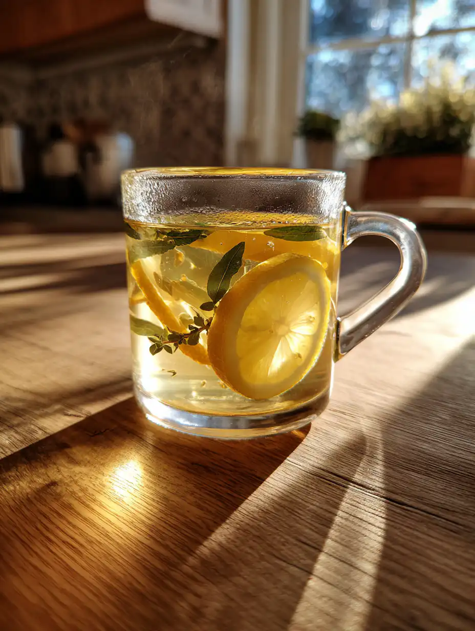 Bariatric tea recipe for weight loss in a glass cup with lemon and ginger on wooden table