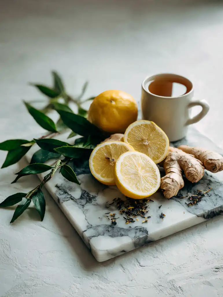 Bariatric tea recipe for weight loss ingredients including ginger lemon and green tea on marble surface