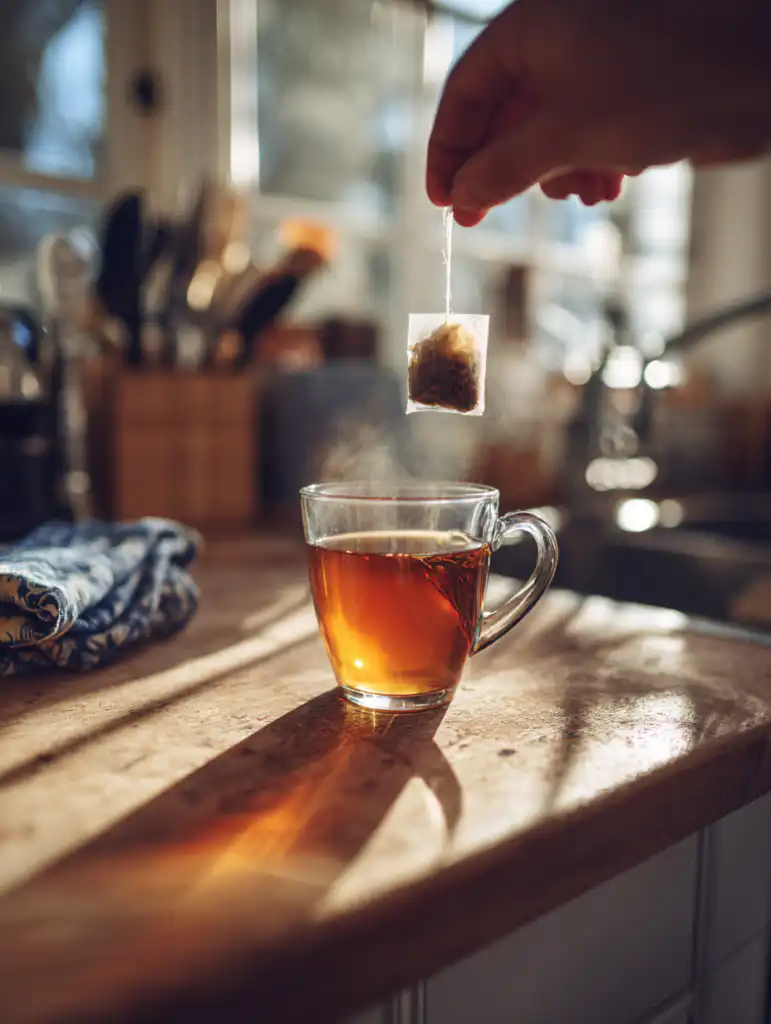 Bariatric tea recipe for weight loss preparation adding ginger and tea bag into hot water