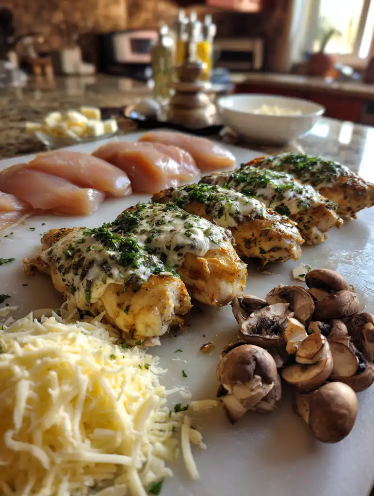 Cheesy garlic mushroom stuffed chicken ingredients including chicken mushrooms garlic and cheese on marble surface