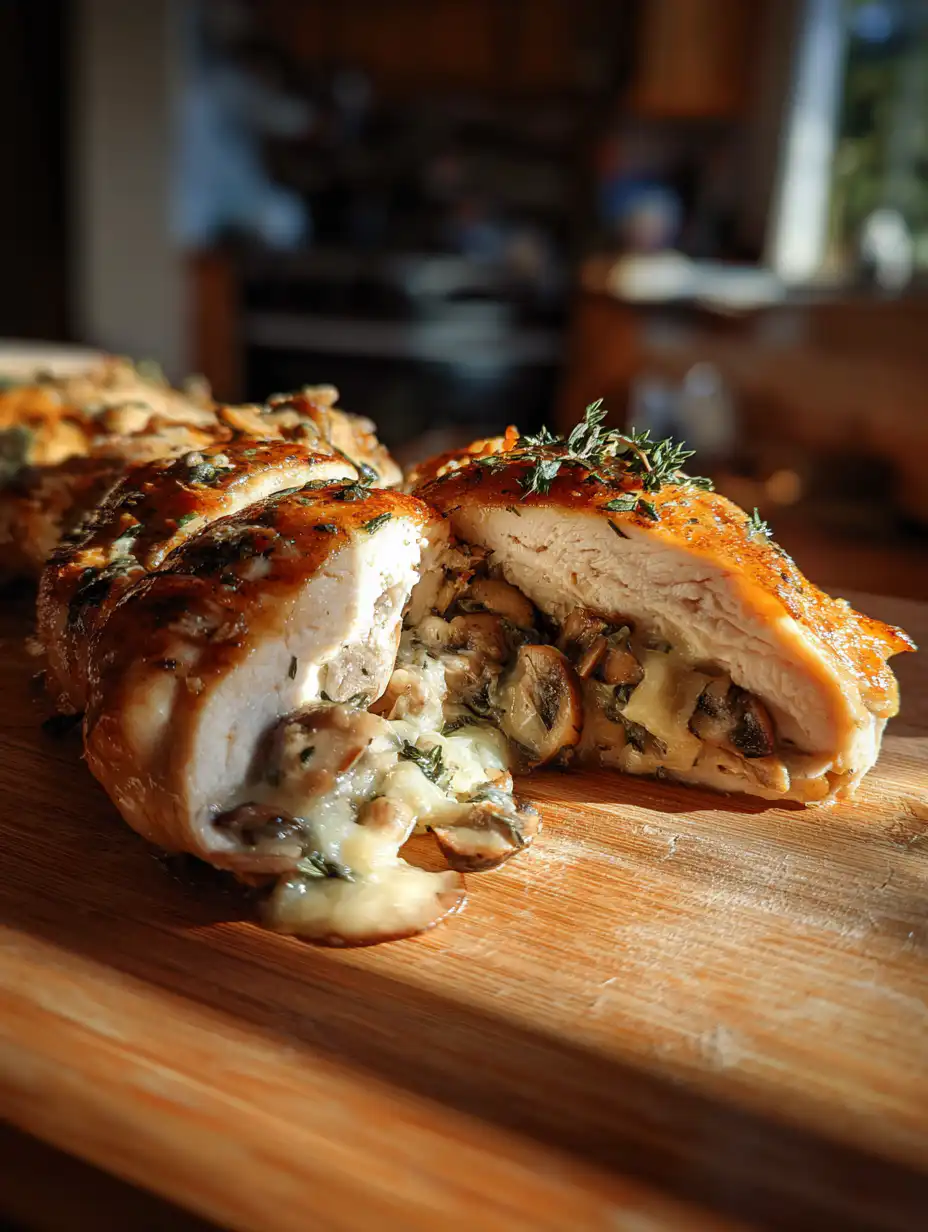 Cheesy garlic mushroom stuffed chicken sliced chicken with creamy mushroom filling on wooden table