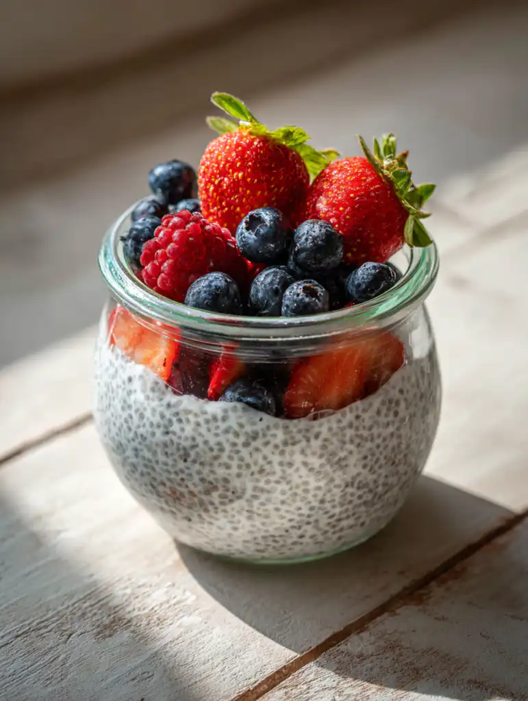 chia seed pudding with berries in jar showing creamy texture and fresh topping