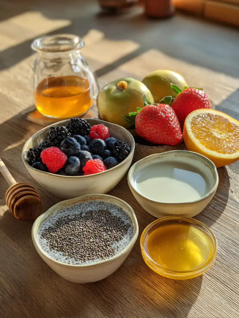 chia seed pudding ingredients including chia seeds milk honey and fruit