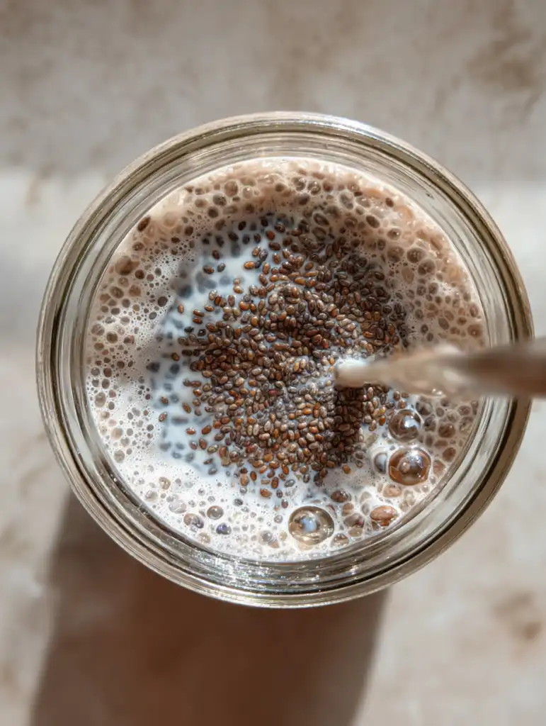 chia seed pudding mixing chia seeds with milk before soaking in jar