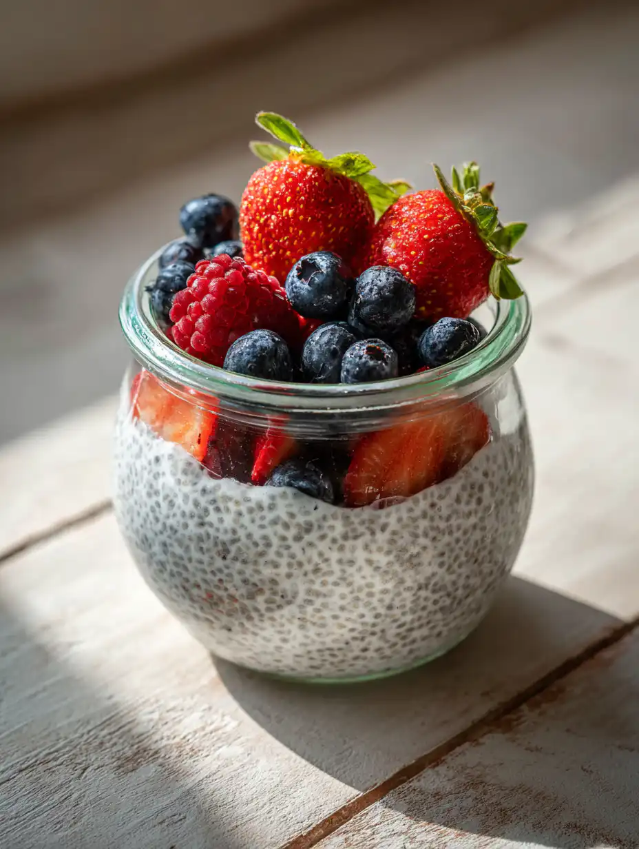 chia seed pudding with berries in jar showing creamy texture and fresh topping