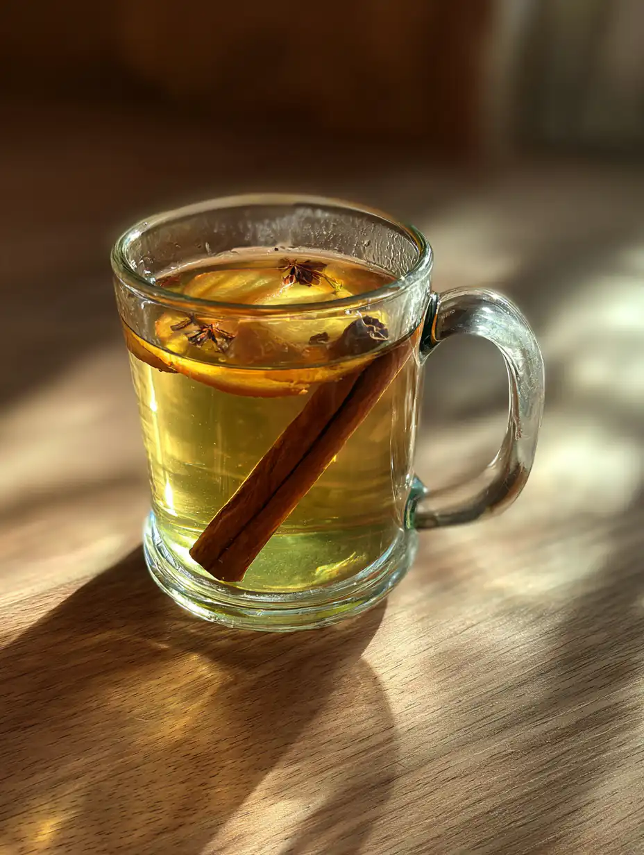 Costa Rican tea in a glass cup with ginger and cinnamon on wooden table in natural light
