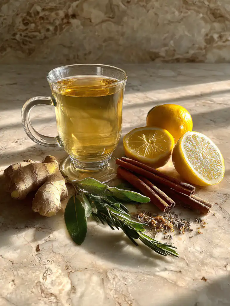 Costa Rican tea ingredients including ginger cinnamon lemon and herbs on marble surface