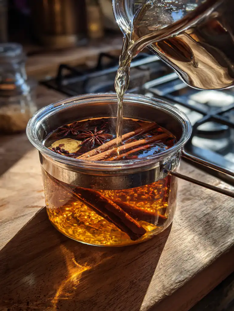 Costa Rican tea preparation adding ginger and cinnamon into pot of water